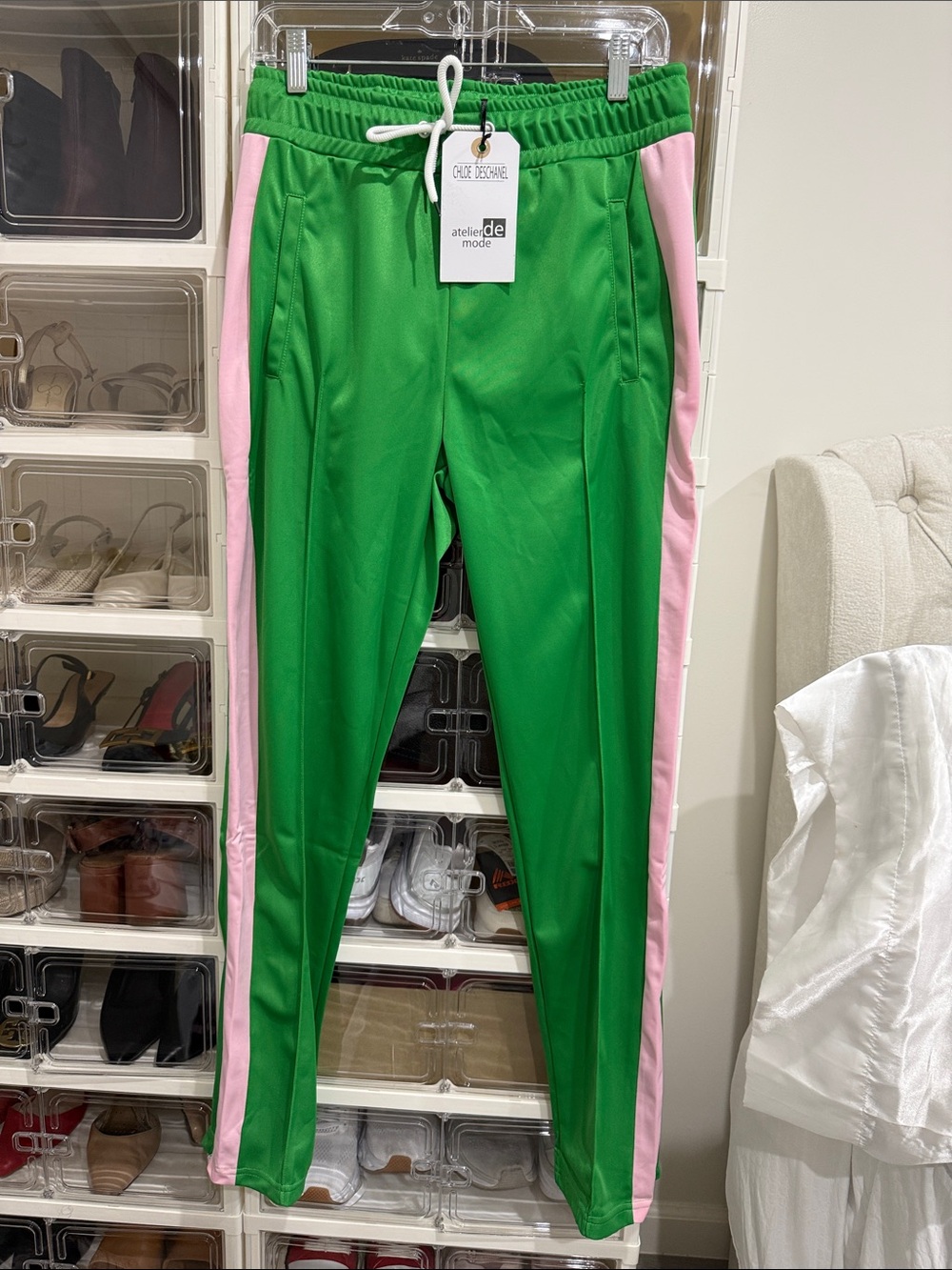 Atelier de Mode Green Track Pants with Pink Side Stripes